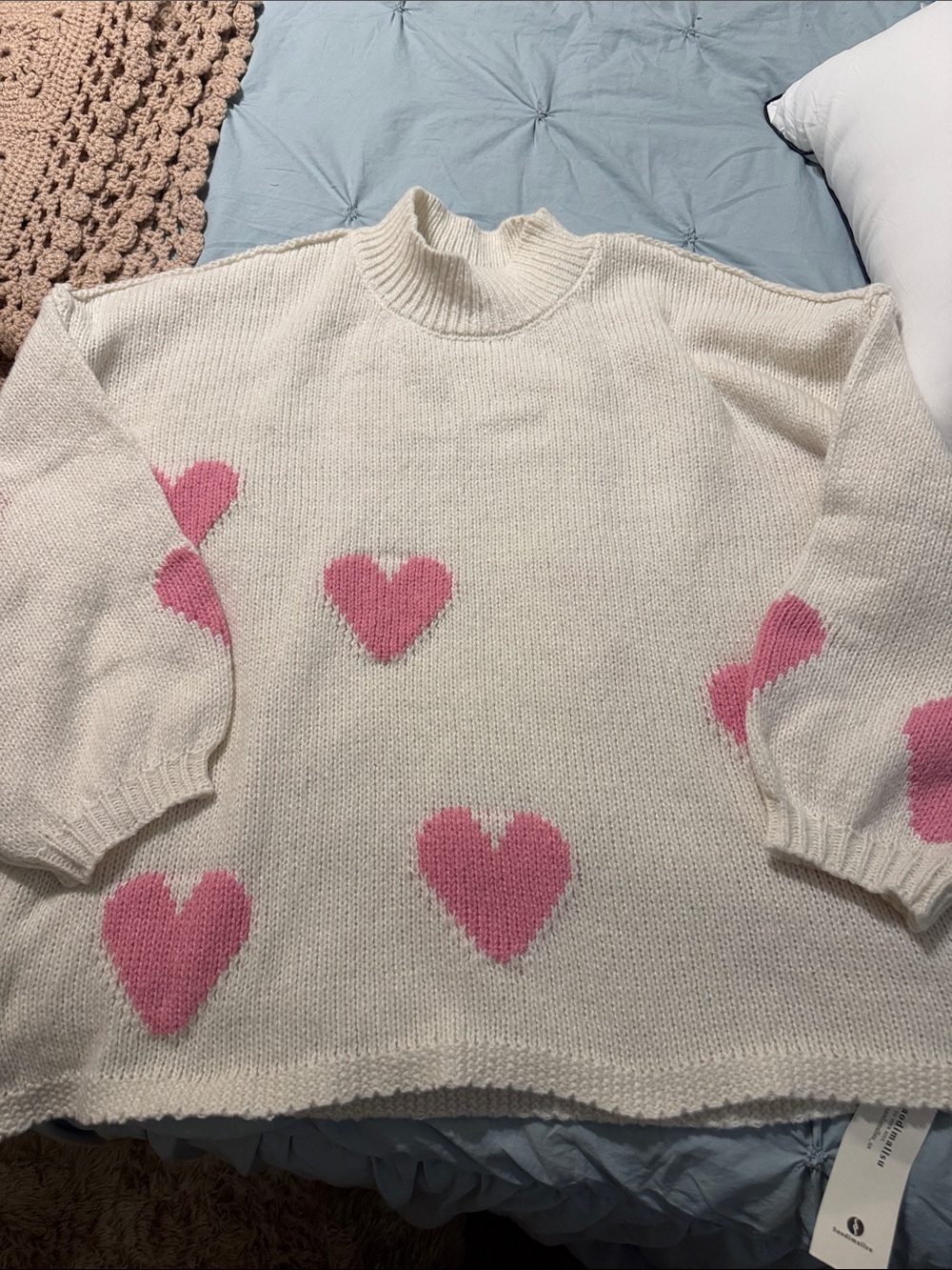ipsy Cream Knit Turtleneck Sweater with Pink Hearts